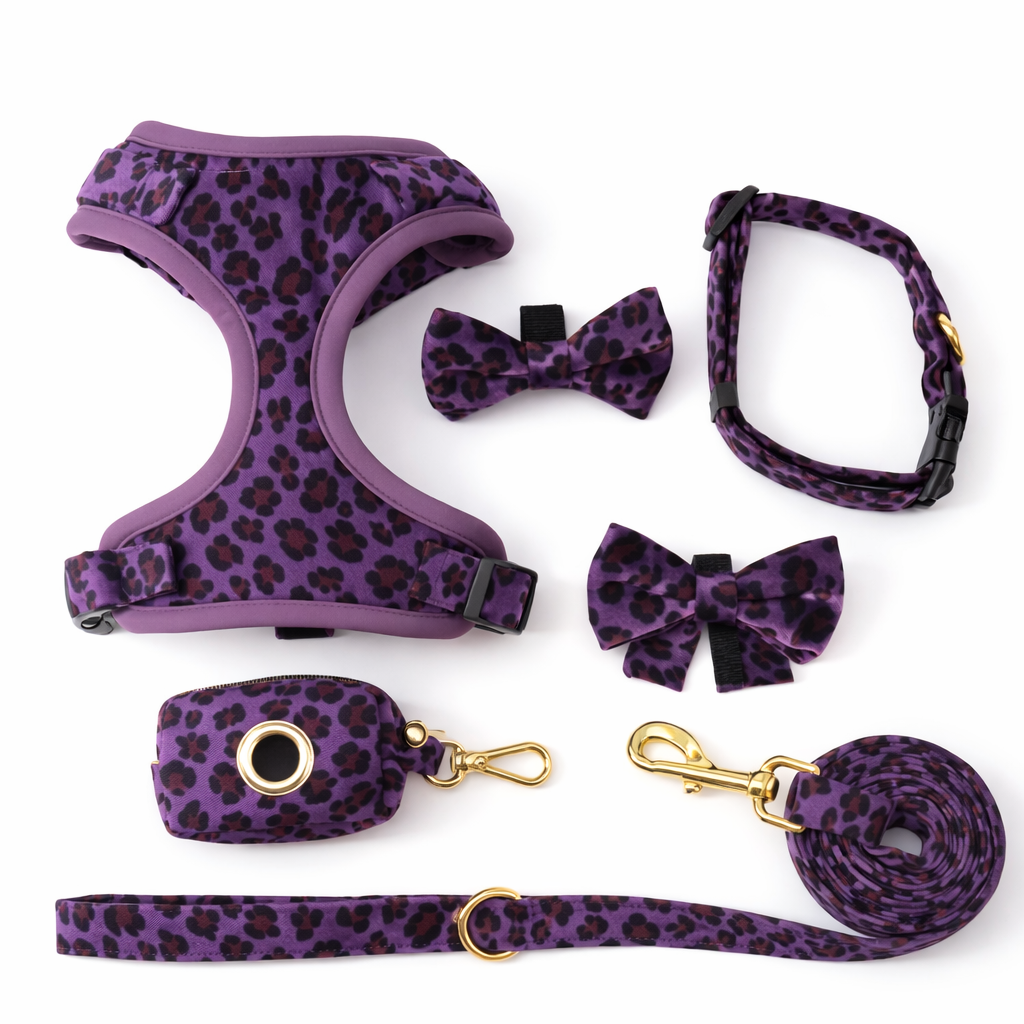 Luxury Velvet Dog Harness Full Set - Leopard